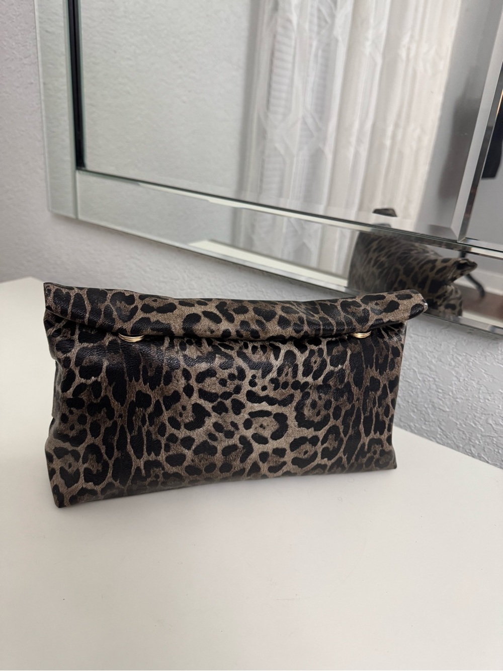 Leopard Print PU Fold-Over Clutch Purse - Black & Brown NWOT